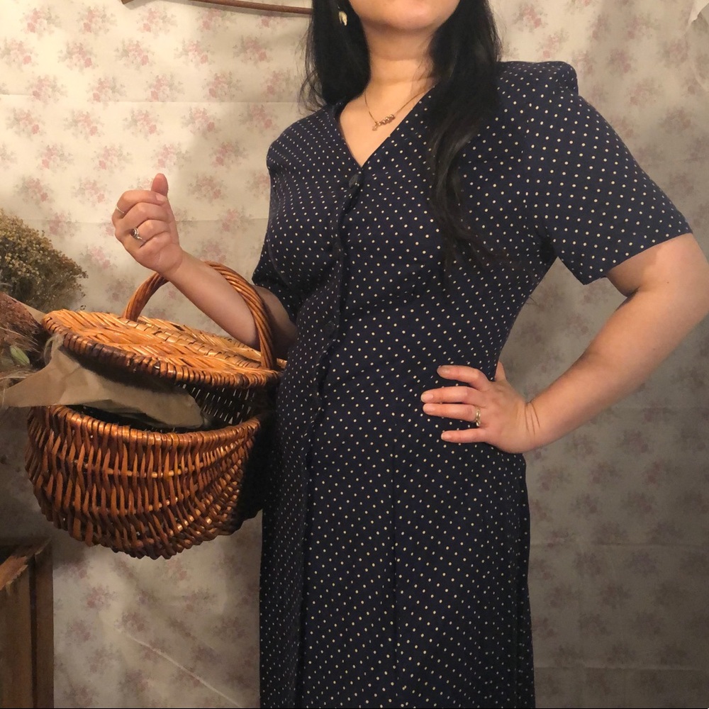 90s Button Down Rayon Polka Dot Maxi Dress